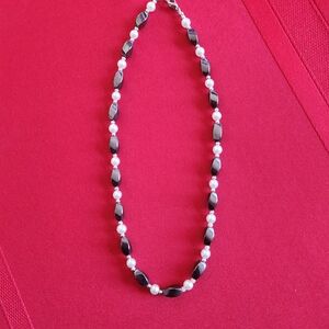 Hematite And Faux Pearl Necklace